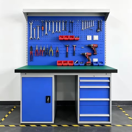 Heavy Duty Steel Workshop Work Station, Integrated Tool Hanging Pegboard, & Wear-resistant Rubber Tabletop for Machinery Repair