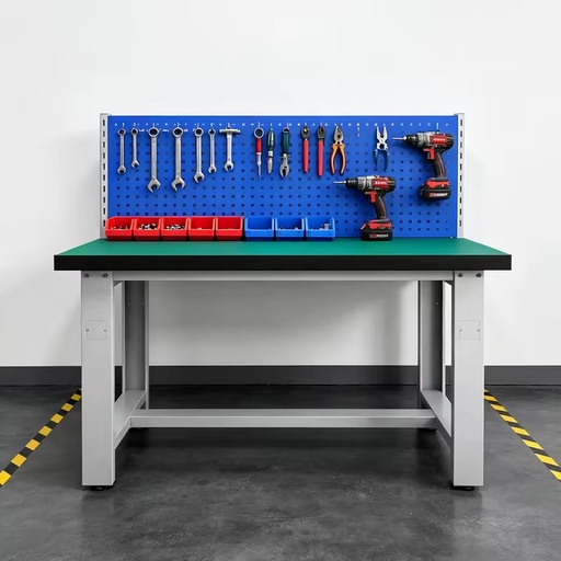 Heavy-duty Steel Workshop Work Bench with Blue Hole Board Backwall, Wear-resistant Green Tabletop for Factory Assembly Tasks