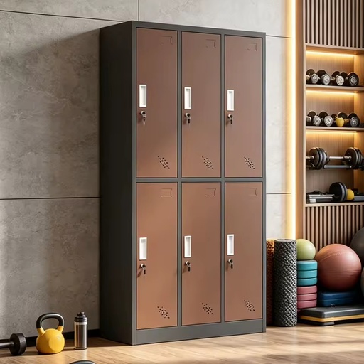 Dark Grey Frame 6 Doors Brown Ventilated Metal Locker, Lockable Steel Storage Cabinet for Staff Gym Office Daily Storage