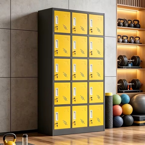 Grey Frame 15 Doors Colorful Ventilated Yellow Metal Locker, Secure Key Lock Steel Storage Cabinet for Gym Staff School Use