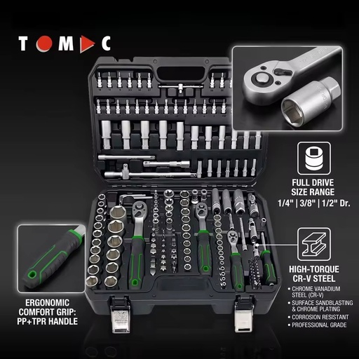 CRV 172-Pieces 1/4", 3/8", & 1/2" Drives Socket Tool Set with 3-Color Ratchet Handle for Comprehensive Mechanics