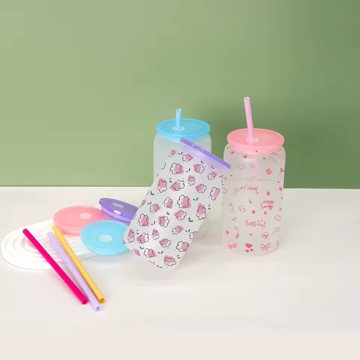 Custom 16oz Sublimation Frosted Clear Glass Tumbler with Insulated Design BPA Free Plastic Lids and Straws for Travel Use