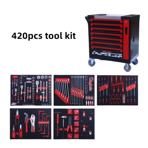 Heavy Duty Large Tool Trolley 420 PCS with Hammers Screwdrivers CRV Socket Set for Mechanics Workshop Cabinet