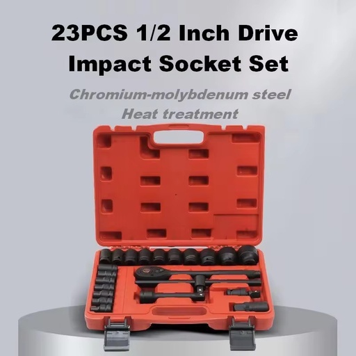 23PCS 1/2" Drive Impact Socket Set with Rigid Storage Case Chromium-molybdenum Steel Heat Treatment Wear Resistance
