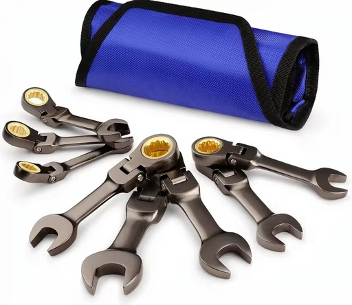 8 Piece Flex Head Stubby Ratcheting Combination Wrench Set Metric 9-17 mm 72-Teeth CRV Nickel Plating Rolling Pouch