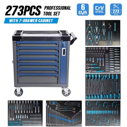 7 Drawers Heavy Duty Garage Storage Trolley Lockable Cabinet Multi-Functional Foam Tray Hand Tools Set
