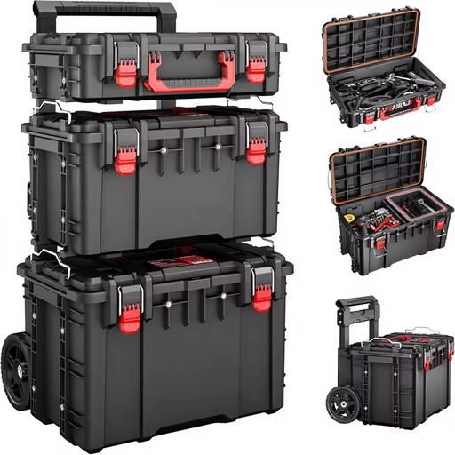Airaj Heavy Duty Aluminum Rolling Tool Box Waterproof Wheels Modular Stackable Design Telescopic Pull Rod Handle Removable Box