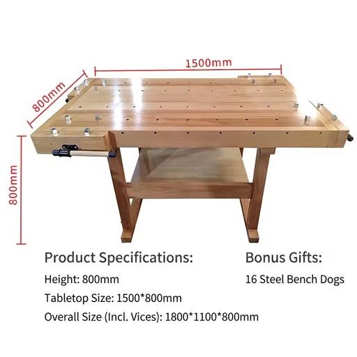Woodworking Bench 1500x800mm Maple Wood Workbench With Clamp For DIY And School Use