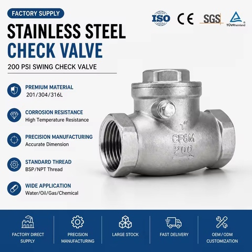 CF8M 304 316L Stainless Steel Swing Check Valve Threaded 200 PSI for Water Oil Gas