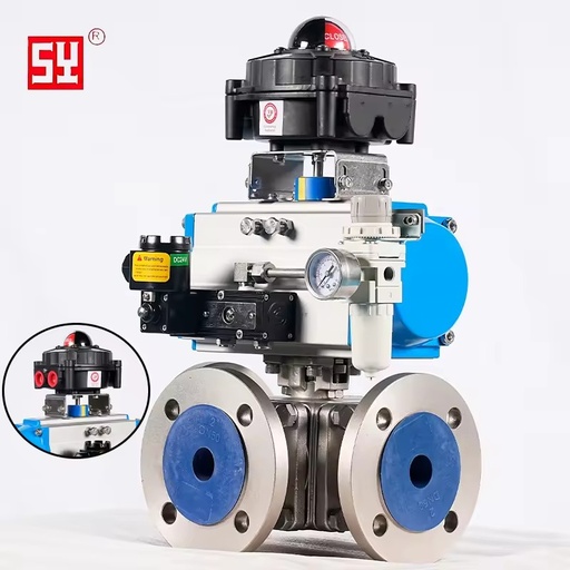Suyi Pneumatic 3-Way T-Port Cut-Off Ball Valve Flanged 316/304 Stainless Steel PN16 1 Year Warranty Customizable Sizes for