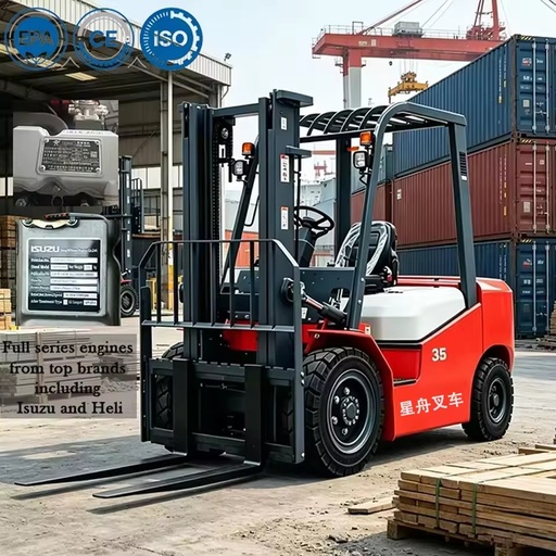 XINGZHOU CPCD35 3.5 Ton Four Wheel Drive Diesel Forklift with Hydraulic Side Shifter and Solid Tires for Indoor Use