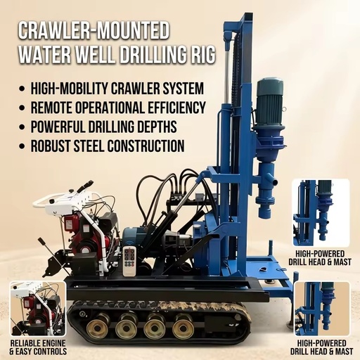 Electric Hydraulic Crawler Water Well Drilling Rig 6HP Walking Power 3KW Rotary Motor 80m Depth for Mountain Muddy Slope Terrain