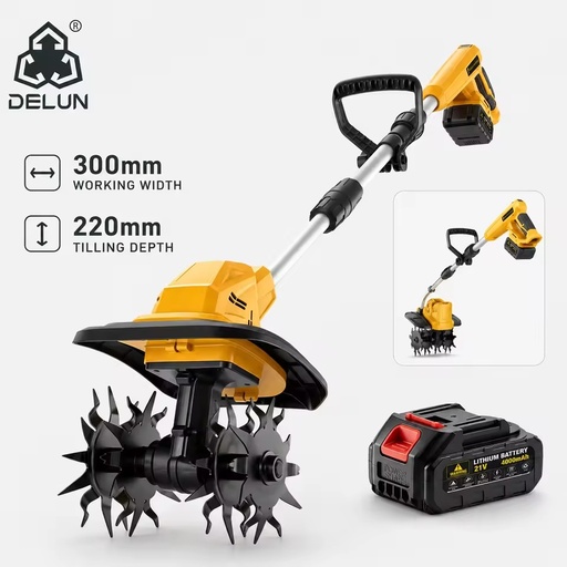 DELUN 21V Cordless Soil Cultivation Machine 4.0Ah Battery 300mm Width 220mm Tilling Depth for Garden Soil Preparation