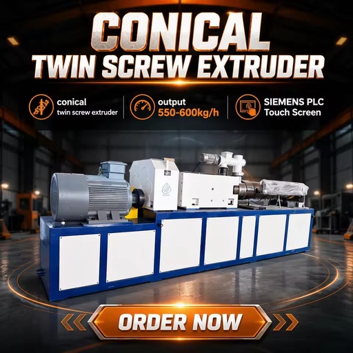Conical Twin Screw Extruder SJSZ65/132 500-600kg/h Output Capacity for PLC Control Energy Saving PVC Plastic Processing