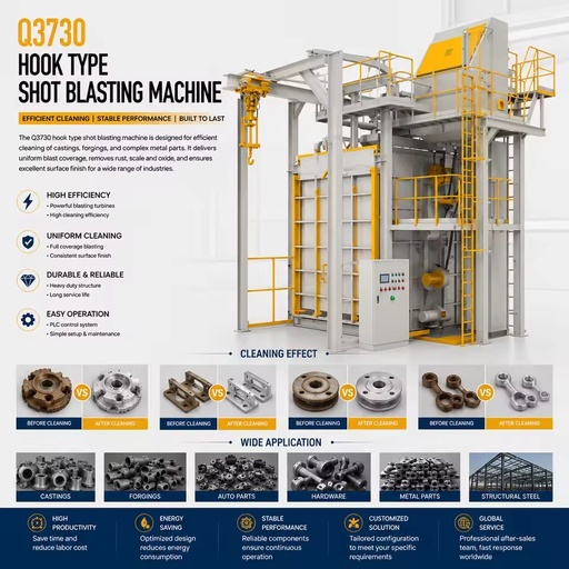Q3730 Hook Type Shot Blasting Machine Sa2.5 1000kg PLC CE Motor Engine Oil Gas Pipeline Parts Factory