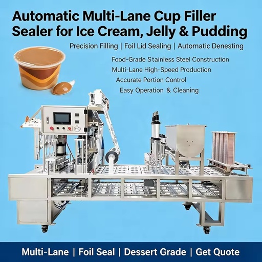 Automatic Cup Filler Sealer for Ice Cream Jelly and Pudding With Multi-Lane Precision Filling Foil Lid Sealing and Denesting