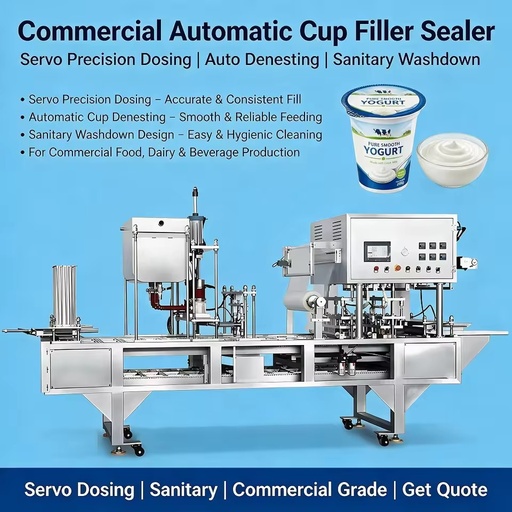 Commercial Automatic Cup Filling and Sealing Equipment With Servo Precision Dosing Automatic Denesting and Sanitary Washdown