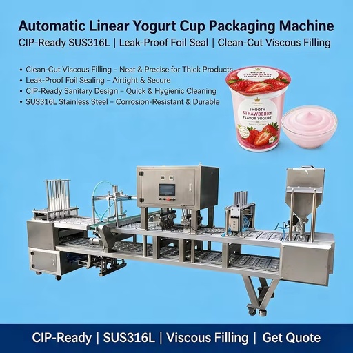 Automatic Linear Yogurt Cup Packaging Machine With Leak-Proof Foil Sealing Clean-Cut Viscous Filling and CIP-Ready SUS316L