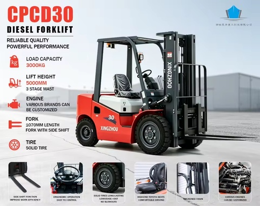 Popular 3 Ton Mini Diesel Forklift Low Price CE/ISO9001 Certified High Performance Internal Combustion Lifter Three Stage Mast