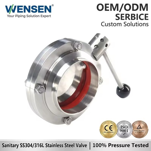 Wensen 304 316 Hygienic Stainless Steel Manual Welded Butterfly Valve with Silicone Seal Ring for Sanitary Piping