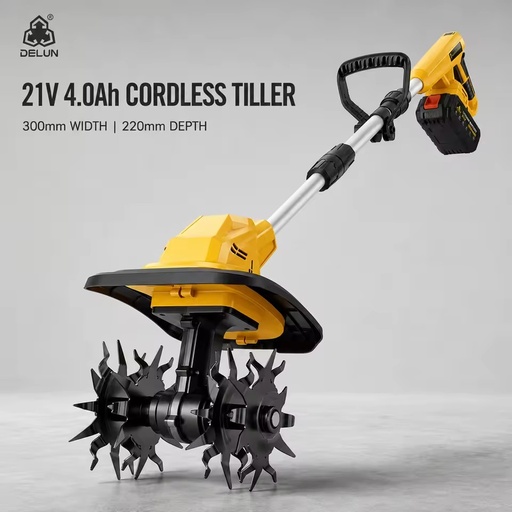DELUN 21V Cordless Yard Cultivator 4.0Ah Battery 300mm Width 220mm Tilling Depth for Soil Loosening and Planting