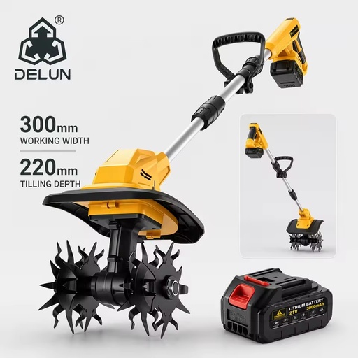 DELUN 21V Compact Cordless Tiller 3.0Ah Battery 300mm Width 220mm Tilling Depth for Yard and Home Garden Cultivation