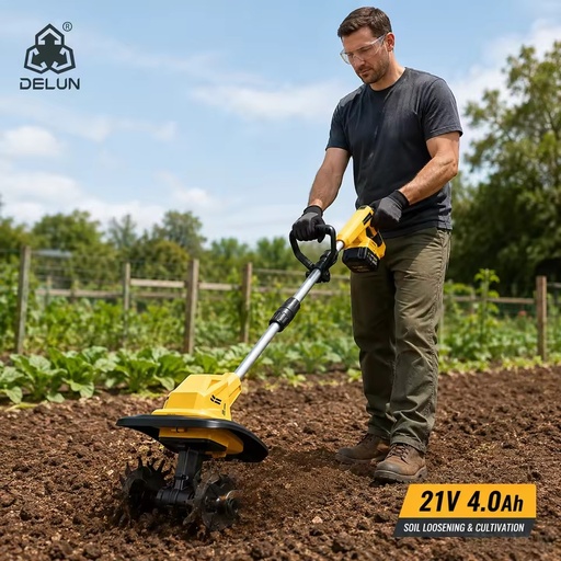 DELUN 21V Battery Garden Cultivator 4.0Ah Battery 300mm Width 220mm Tilling Depth for Garden Bed Soil Loosening