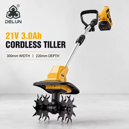 DELUN 21V Cordless Garden Cultivator 3.0Ah Battery 300mm Width 220mm Tilling Depth for Garden Bed Soil Loosening