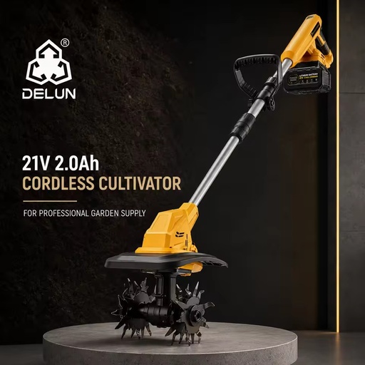 DELUN 21V Cordless Electric Tiller Cultivator 2.0Ah Battery 300mm Width 220mm Tilling Depth for Garden Bed Soil Loosening