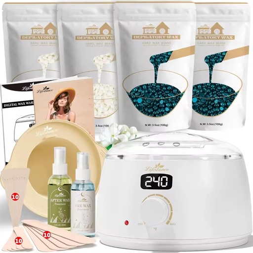 Lifestance Waxing Kit Digital Warmer 14.1oz Hypoallergenic Hard Wax Beans Dermatologist Tested for Bikini Face Body Hair Removal