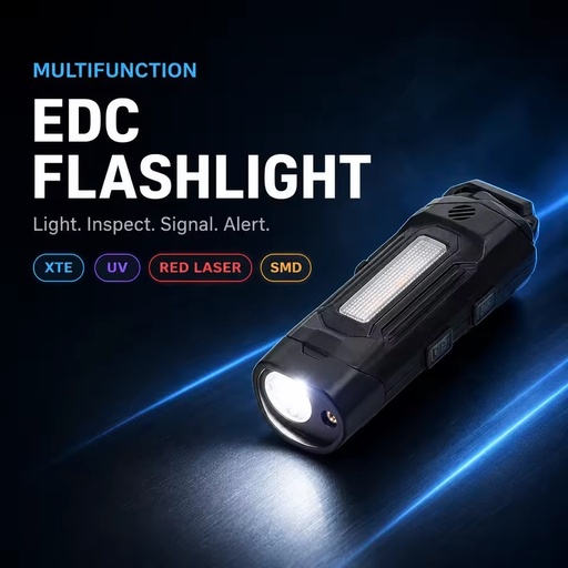 Multifunctional EDC Flashlight with UV Light Red Laser Pointer Emergency Alarm USB Rechargeable Mini High CRI 90 Inspection