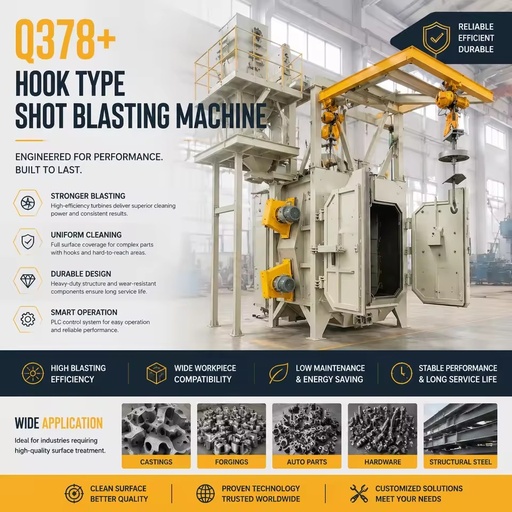 CE Q378 Hook Type Chain Conveyor Shot Blasting Machine Sa2.5 1000kg PLC for Aluminum Wheel Rim Hub Engine Block Descaling
