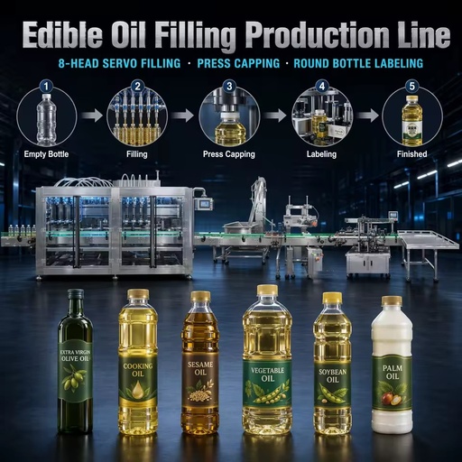 Turnkey Edible Oil Filling Capping Labeling Production Line 4000-7000 BPH 8 Heads Cooking Oil Soybean Olive CE SUS304
