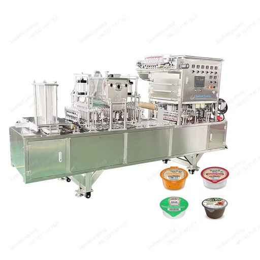 Automatic Stainless Steel Sauce Cup Filling Sealing Machine Multi Lane Cup Feeder Film Sealing for Plastic Dip Cups