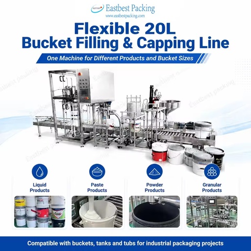 Flexible Stainless 20L Bucket Filling Capping Machine Line with Adjustable Volume for Multi Product Packaging Plant