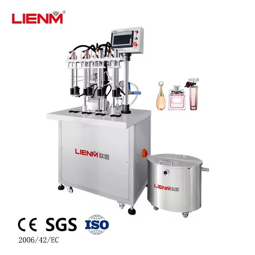 LIENM Semi Automatic 4 Heads Pneumatic Perfume Filling Machine for Oil Plastic & Glass Bottles High Capacity Stainless Steel
