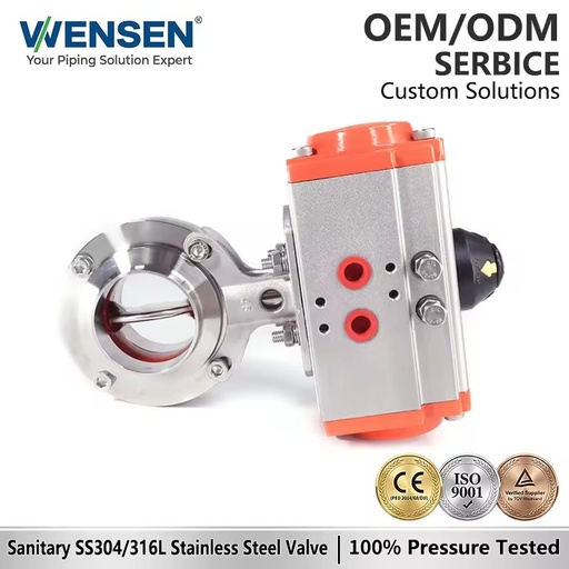 Wensen 304 316 Hygienic Stainless Steel Weld-type Butterfly Valve with Pneumatic Actuator Head for Fluid Control