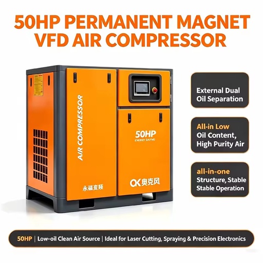 Energy Saving 50HP 37KW PM VFD Screw Air Compressor Dual Oil Separator Ultra Low Oil Content Industrial Air Compressor