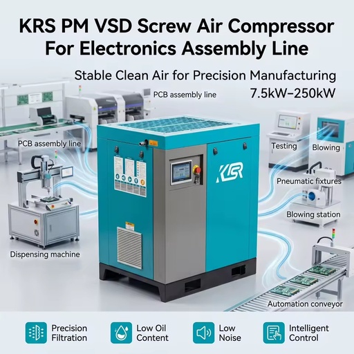 KRS PM VSD Screw Air Compressor 7.5kW-250kW for Electronics Assembly Line Electronics and Electrical Manufacturing Energy Filter