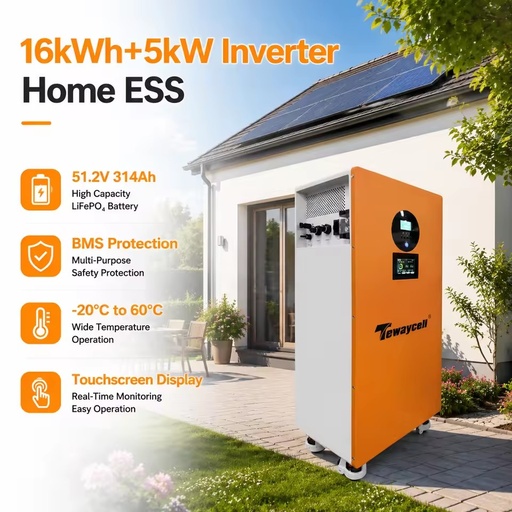 Tewaycell 16kWh 5kW All-in-One Solar Generator 51.2V 314Ah LiFePO4 for Small Business RV Camping WiFi App Control Portable