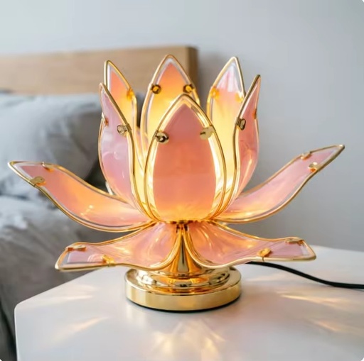 Tiffany Style Pink Lotus Table Lamp Stained Glass Floral LED Bedside Light Gold Base Home Bedroom Decor Night Lamp