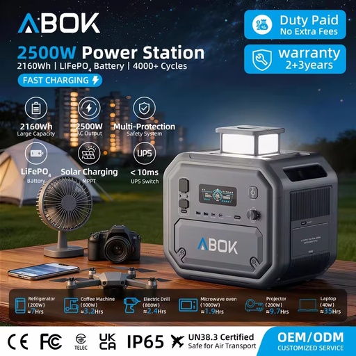 ABOK 2500W Portable Power Station 2160Wh LiFePO4 Solar Generator US EU Warehouse Fast Delivery Home Backup MPPT