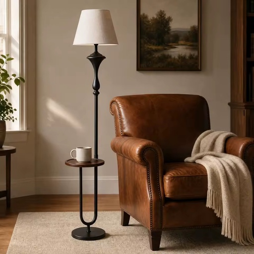 E27 Floor Lamp with Wooden Shelf Table Iron Art Fabric Shade for Living Room Study