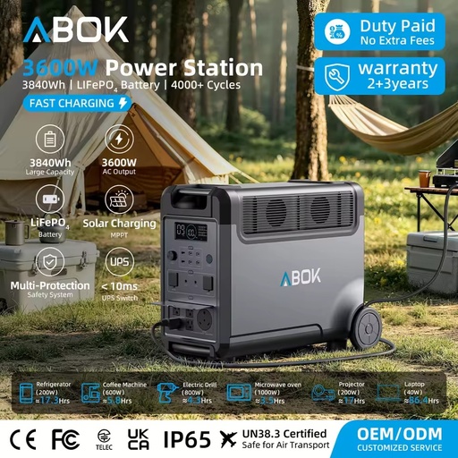 ABOK OEM ODM 3600W 3840Wh LiFePO4 Portable Lithium Power Station Solar Generator 2000W MPPT Pure Sine Wave for Home Outdoor RV