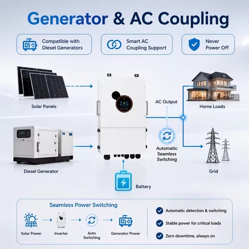Generator Compatible 12kW Hybrid Solar System US Split Phase 120V 240V with Lithium Ion Battery Storage