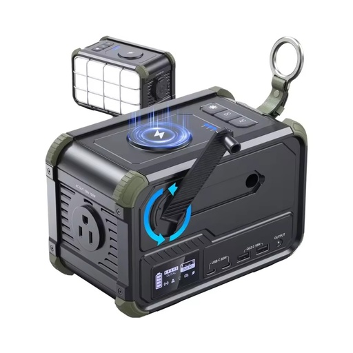150W Portable Power Station Small Solar Generator Hand Crank 120V MPPT Pure Sine Wave Lithium Ion Power Bank Wireless Charging