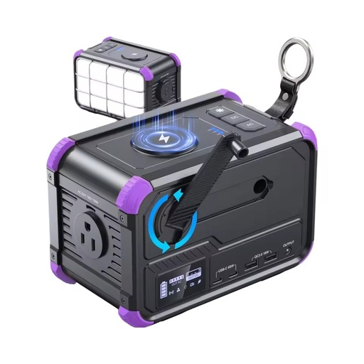 Portable Power Station 150Wh Hand Crank Generator US 120V 150W AC/DC Output Pure Sine Wave MPPT Wireless Charging Camping