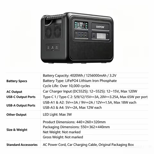 4kWh High Capacity 4020Wh 1200W, 10k Cycles. Fast Charge AC 1200W. Solar Generator for Cabin, Farm & Home ESS Backup.