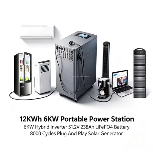12KWh 6KW Portable Power Station 6KW Hybrid Inverter 51.2V 238Ah LiFePO4 Battery 8000 Cycles Plug And Play Solar Generator