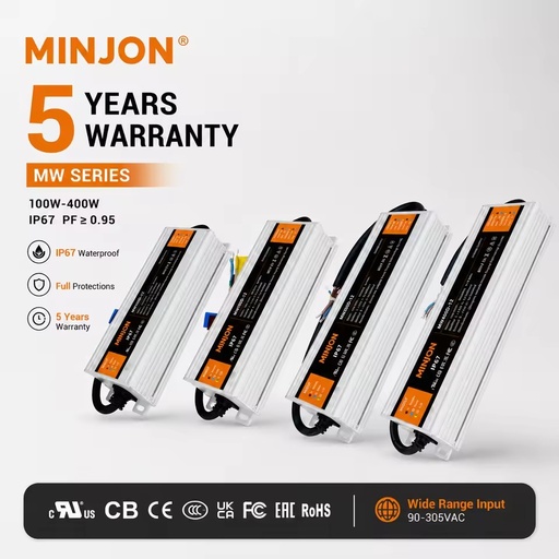 MINJON MW200P-12 for CE for IP67 Waterproof Constant Voltage 12V 200W Single 93% Efficiency LED Driver Switching Mode Power